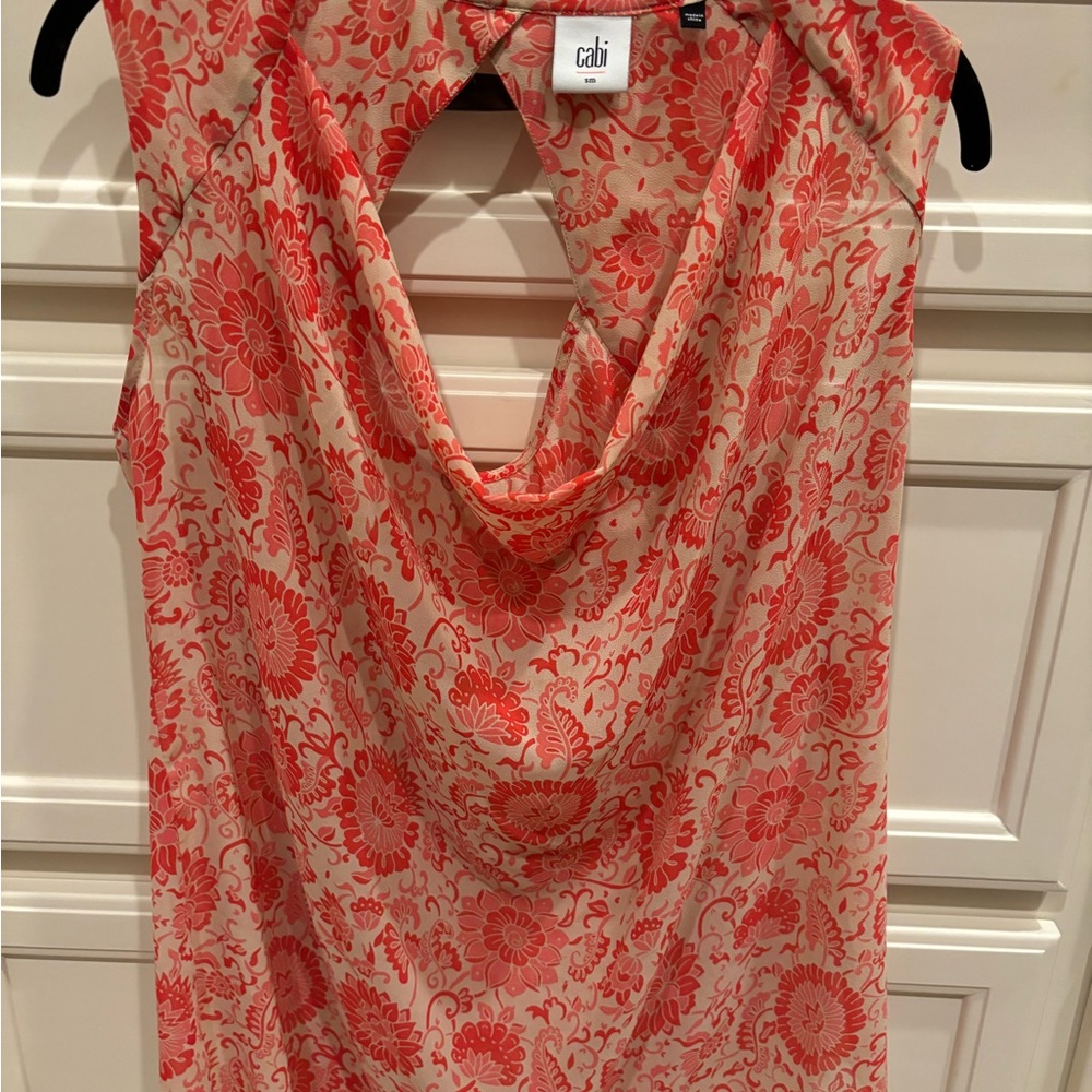 Cabi Womens Top Vita Drape Neck Sleeveless Sheer Floral Tan Pink Size Small